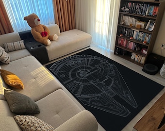 Tappeto spaziale Millennium Blueprint - Tappeto da area con astronave fantascientifica nera, decorazione galattica per soggiorno per nerd, regalo per amanti del cinema