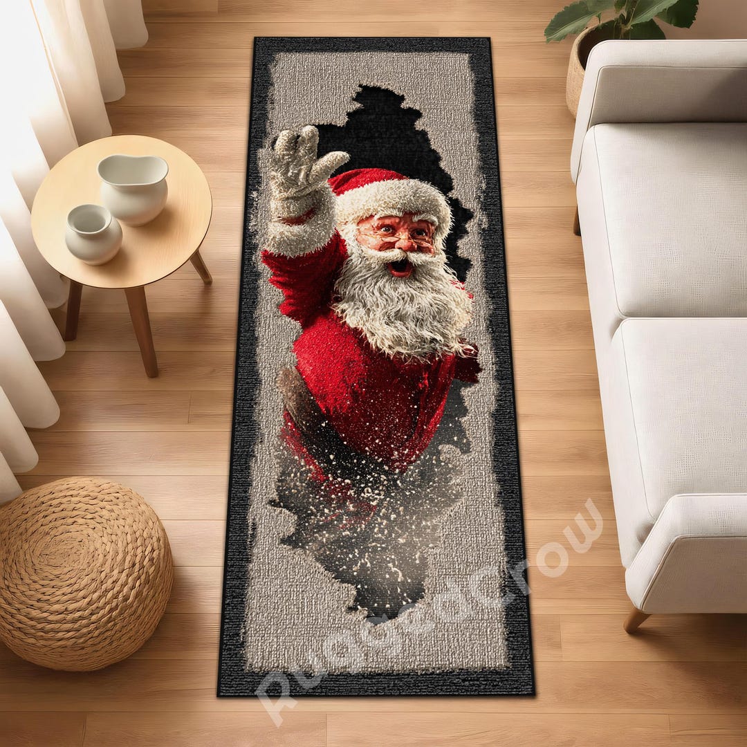 Christmas Santa Runner Rug With Beige 3D Breakthrough Design for Fun ...