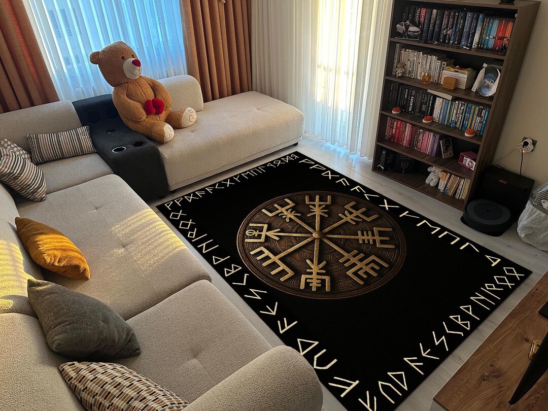 Norse Rug Viking Vegvisir Rug Black Norse Compass Carpet With Runes, Nordic ...