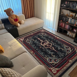 Serpent Area Rug with Gothic Baroque Border, Mystical Snake Carpet for Living Room, Dark Bohemian Home Decor, Symbolic Floor Art