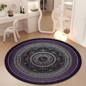 Tapete redondo Mandala Lua Roxa – Tapete Celestial Boho - Design Vintage
