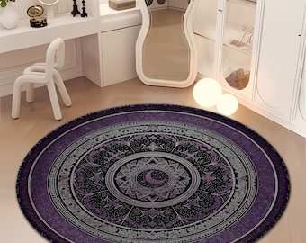 Purple Moon Mandala Round Rug – Boho Celestial Carpet - Vintange Design