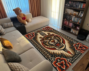 "Tiger Teppich im Vintage-Design ""Tiger"" im Tattoo-Stil."