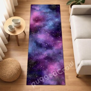 Galaxy Print Runner Rug in Purple Blue, Cosmic Hallway Floor Mat, Modern Space Decor
