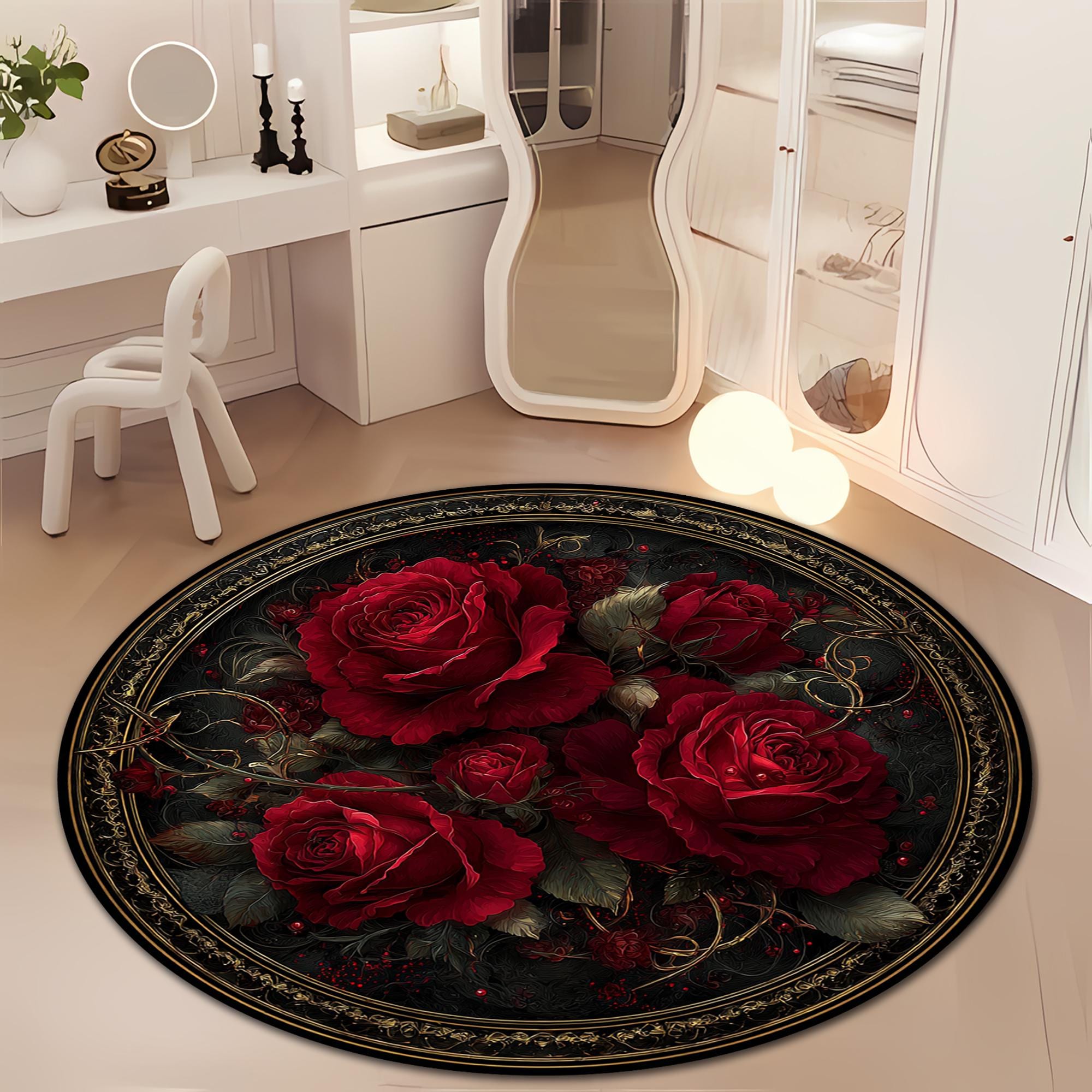 Luxury Red Rose Round Rug Elegant Floral Carpet for Living Room ...