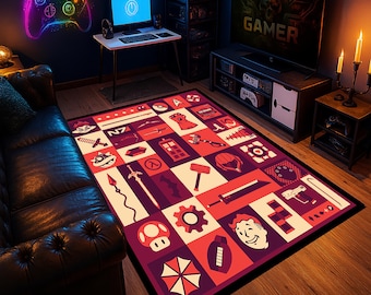 Alfombra Gamer Icon para sala de juegos: moderna y suave con símbolos geek, estética RGB, decoración de serpentinas y un regalo nerd único.