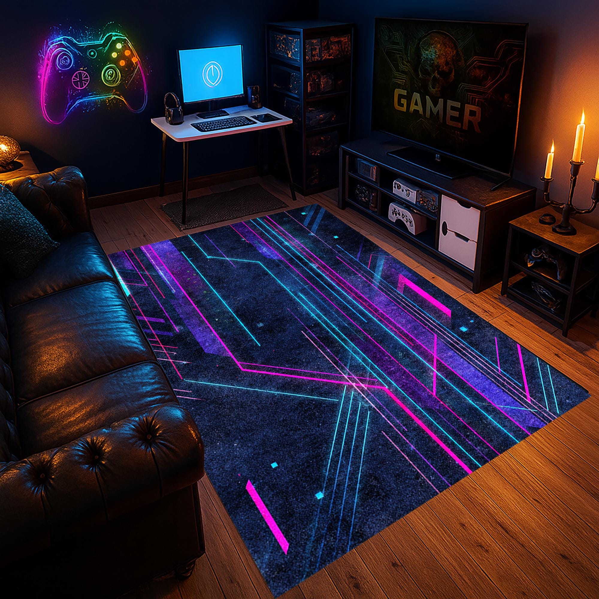 Cyperpunk Rug Neon Cyberpunk Area Rug – Gamer Room Decor Rug, Pink & Blue Glow Lines ...