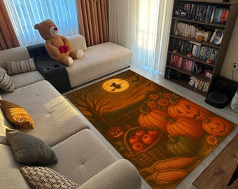 Vintage Design Halloween Fall Rug with Pumpkins Witch and Harvest Scene – Cozy Autumn Decor Carpet for Living Room or Seasonal Home Accents