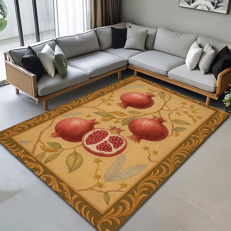 K&ouml;nnte beinhalten: Rechteckiger Teppich mit Granatapfel-Design. Der Teppich hat einen beigefarbenen Hintergrund mit einem Rand und einem Muster aus Granat&auml;pfeln, Bl&auml;ttern und Zweigen in Rot-, Gr&uuml;n- und Braunt&ouml;nen. Der Teppich liegt auf einem hellgrauen Boden.