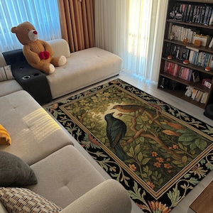 Botanical Bird Area Rug for Living Room – Large Nature-Inspired Carpet with Vintage Forest Scene, Elegant Cottagecore Home Accent