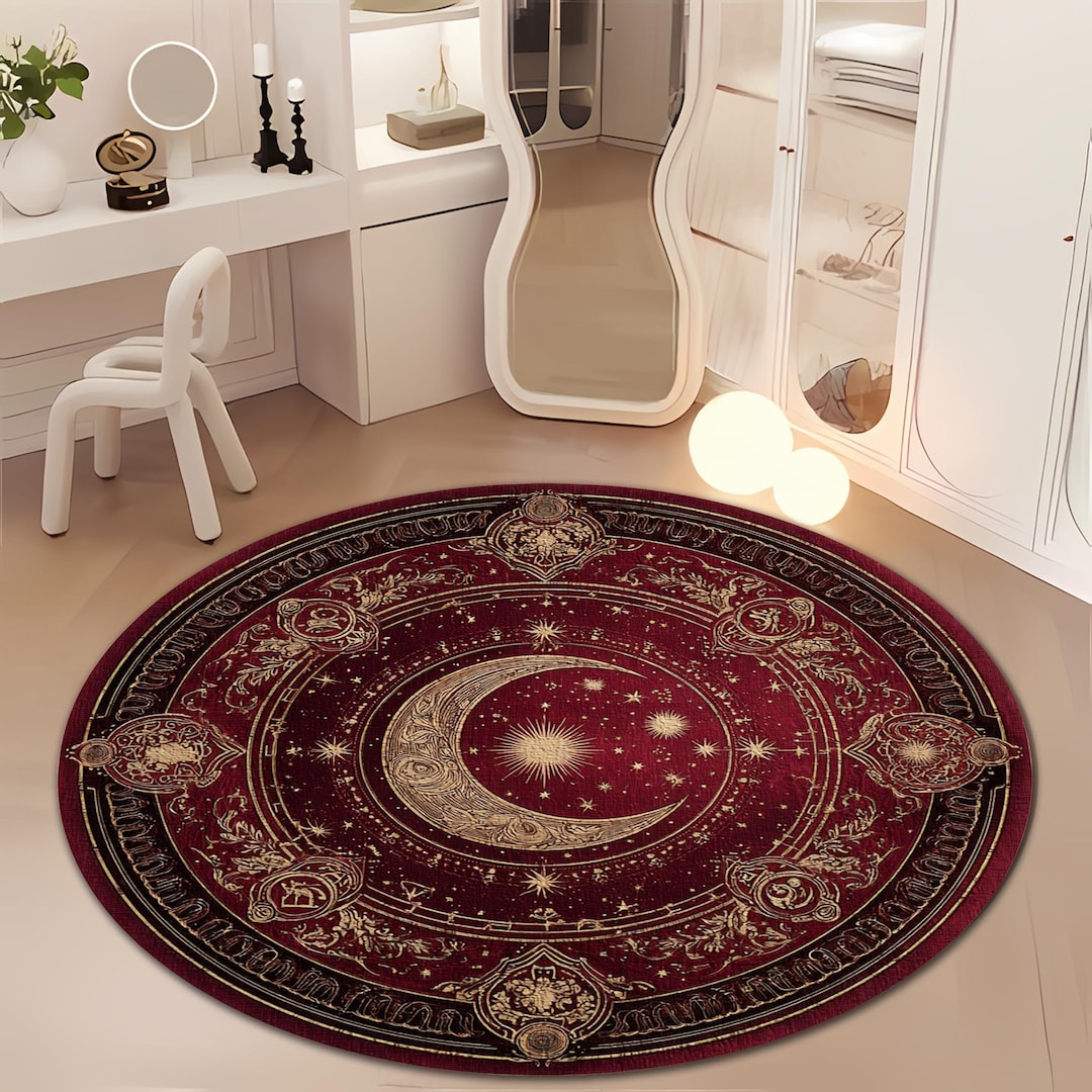 Red Moon Rug Vintage Design Celestial Moon Star Round Rug Red Digital Print Floor ...