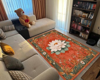 Lotus Flower Area Rug with Ornate Botanical Border, Burnt Orange and Green Living Room Carpet, Artistic Statement Floor Decor