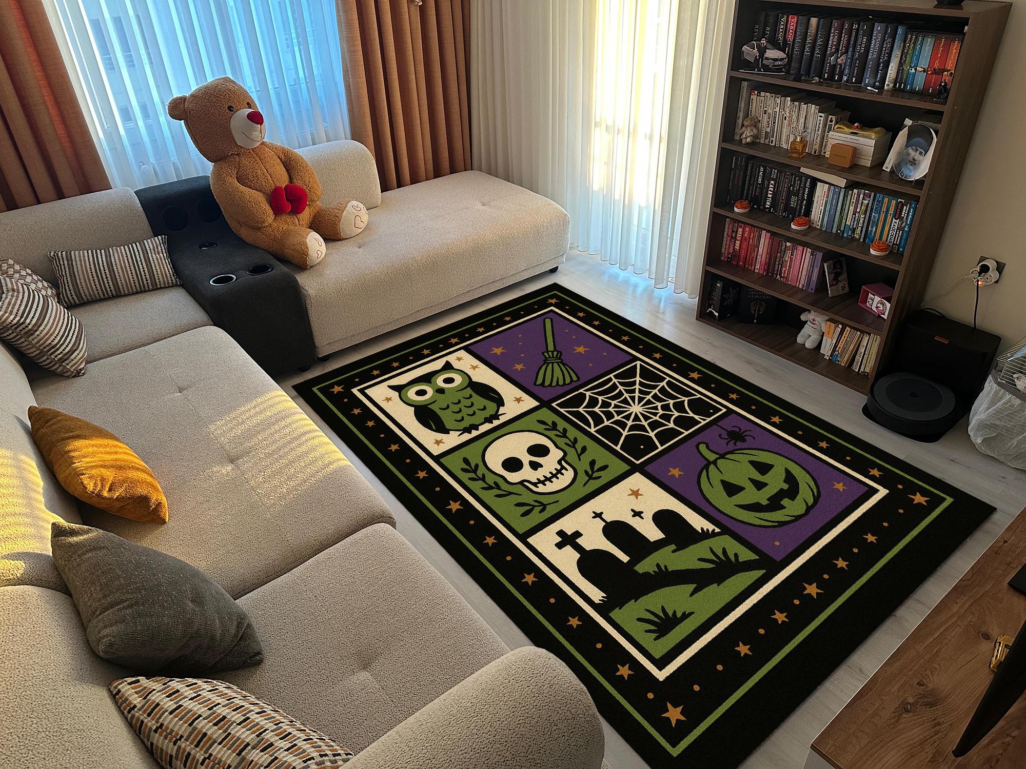 Halloween Block Design Rug with Owl Skull Pumpkin and Spiderweb &ndash; Spooky Gothic Area Carpet fo