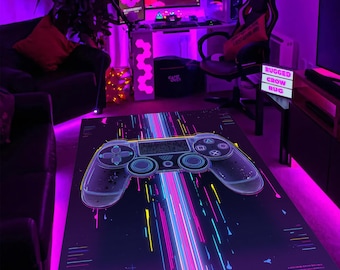 Neon Glow Gamer Room Rug – Large Futuristic Game Controller Area Mat for Streamer Setup, LED Decor, Game Room Carpet Vibe