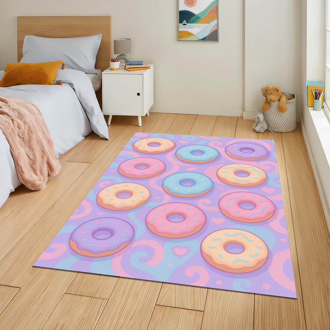 Pastel Donut Kids Rug – Colorful Cartoon Doughnut Pattern Area Carpet ...