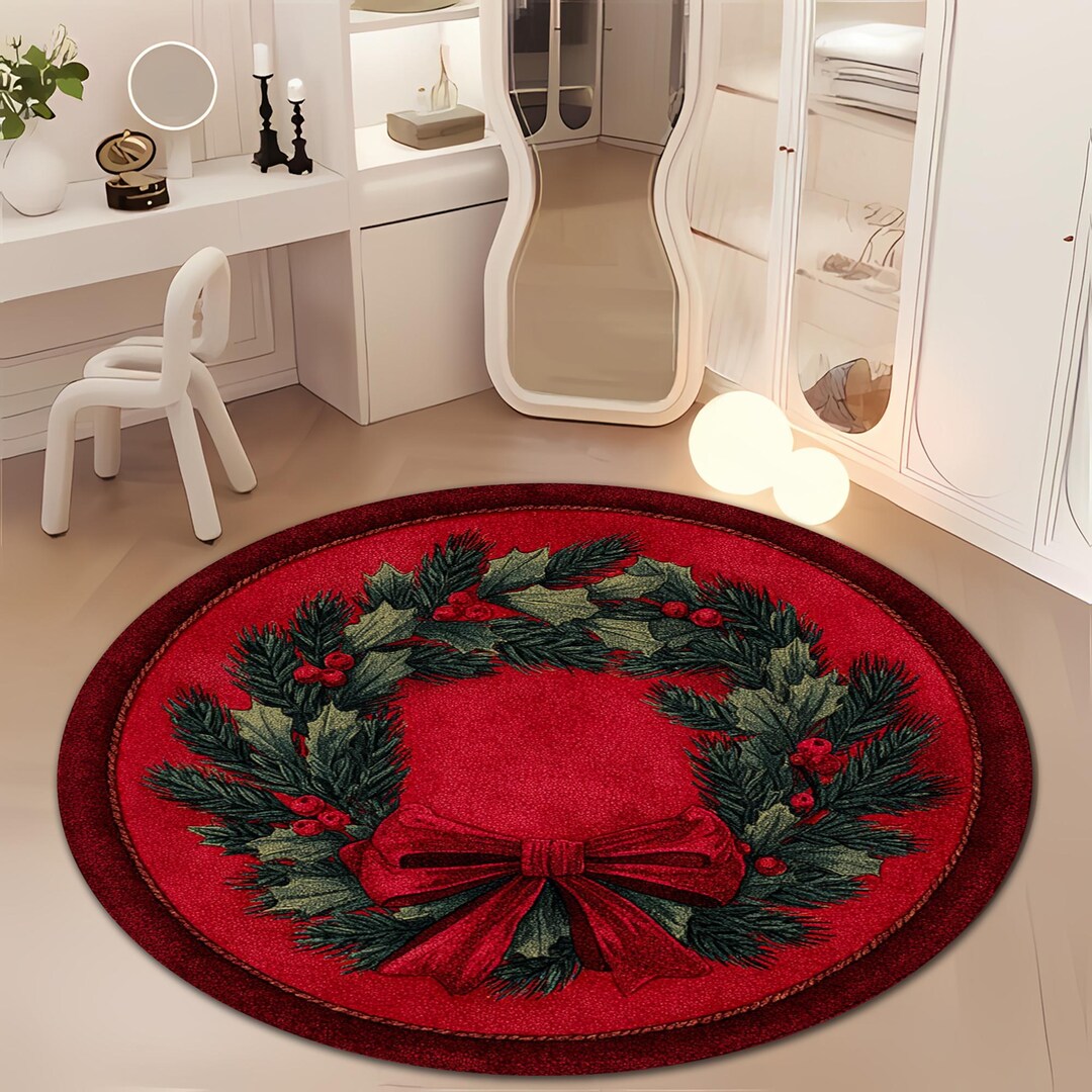 Christmas Wreath Round Rug Red Holiday Floor Mat Festive Winter Decor ...