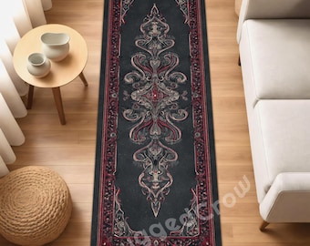 Classic Gothic Runner Rug – Dark Vintage Ornamental Hallway Carpet