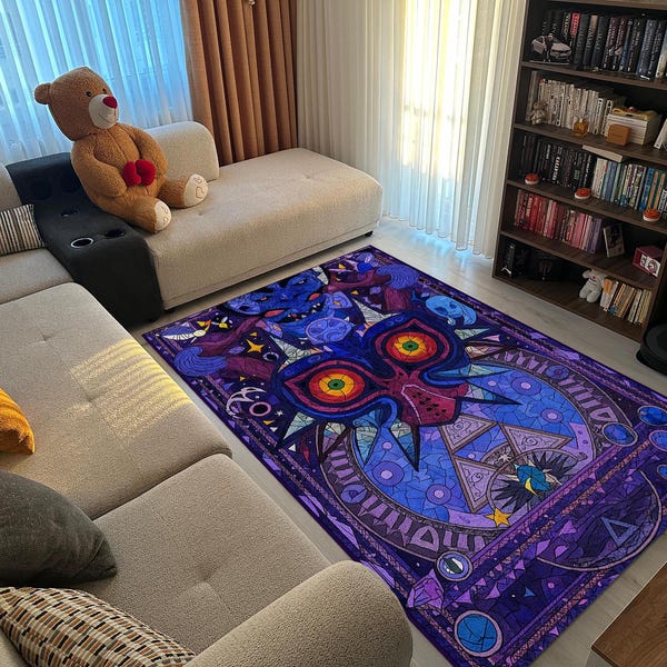 Alfombra de fantasía morada de Majora Mask para gamers / Alfombra estilo vitral suave / Decoración de sala inspirada en Zelda / Idea de regalo geek