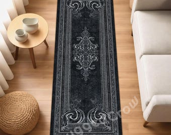 Alfombra gótica negra con diseño vintage oscuro y ornamentado, elegante alfombra de pasillo para una decoración moderna y gótica del hogar.
