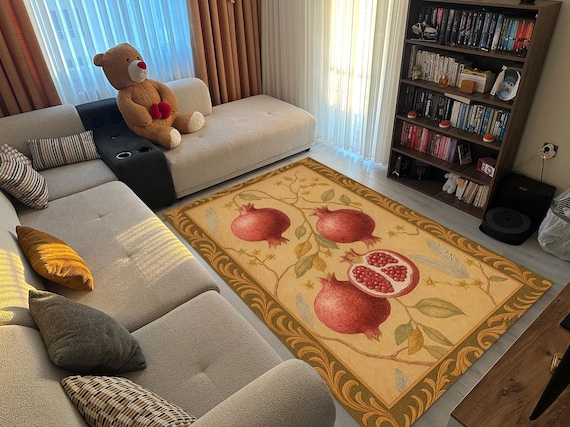 Pomegranate Botanical Rug in Warm Beige and Red, Mediterranean Fruit Decor Carpet, Rustic Area Rug for Kitchen or Cozy Living Room