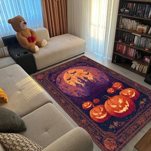 Halloween Pumpkin Rug for Living Room – Spooky Haunted Castle Decor, Soft Gothic Area Carpet, Witchy Aesthetic, Fall Vibe Home Accent