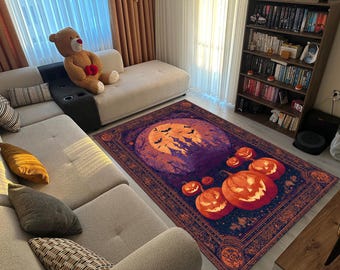 Alfombra de calabaza de Halloween para sala de estar: decoración de castillo encantado y espeluznante, alfombra gótica suave, estética de bruja, decoración otoñal.