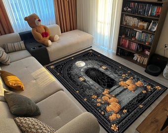 Alfombra gótica de calabaza con diseño de casa embrujada de Halloween, con luna y telaraña, decoración espeluznante para sala de estar, otoño y fiesta.
