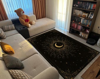 Crescent Moon Tree of Life Rug | Black and Gold Celestial Carpet | Mystical Boho Decor for Living Room or Bedroom | Spiritual Home Gift