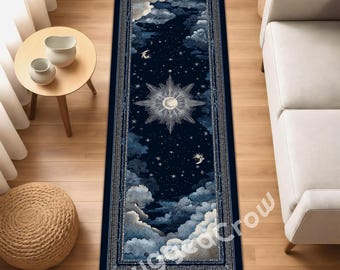 Celestial Moon Runner Rug  Washable Starry Night Corridor Carpet | Gothic Boho Hallway Rug for Witchy Home, Astrology and Cosmic Decor