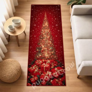 Alfombra roja con diseño de árbol de Navidad y regalo: decoración festiva para el pasillo