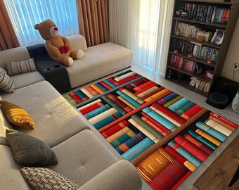 Bookshelf Area Rug – Colorful Stacked Book Design, Cozy Library Carpet for Book Lovers, Reading Nook or Living Room Literary Décor
