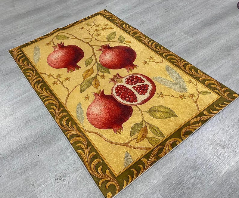 Granatapfel Botanischer Teppich in Warmen Beige und Rottönen, Rustikaler Teppich für Küche oder Wohnzimmer Bild 5