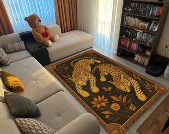 Luxury Leopard Area Rug for Living Room – Bold Jungle Animal Print Carpet with Vintage Florals, Soft Touch & Statement Safari Decor