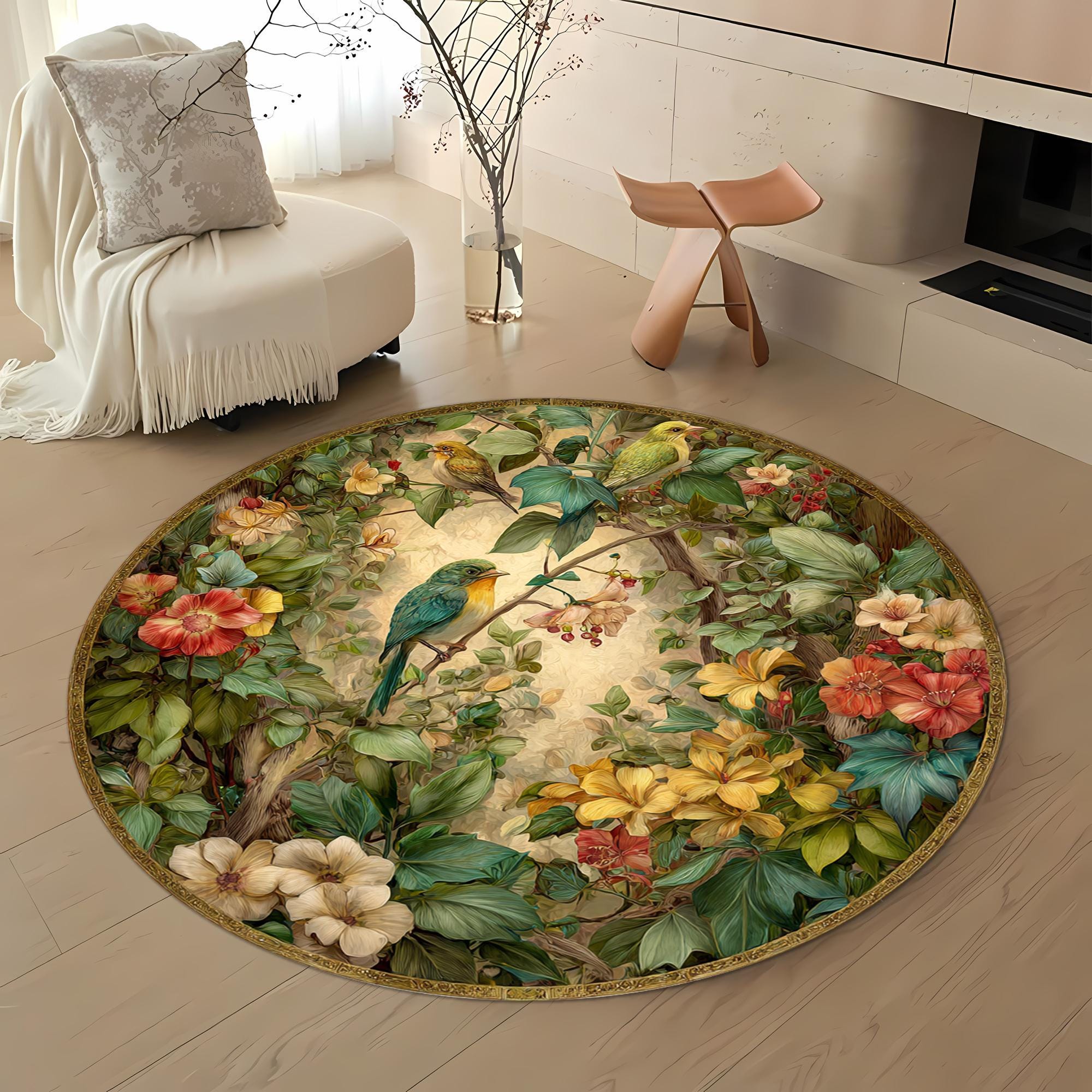 Round Hummingbird Rug Digital Print Round Floral Bird Rug Vintage Design Botanical Area Rug ...