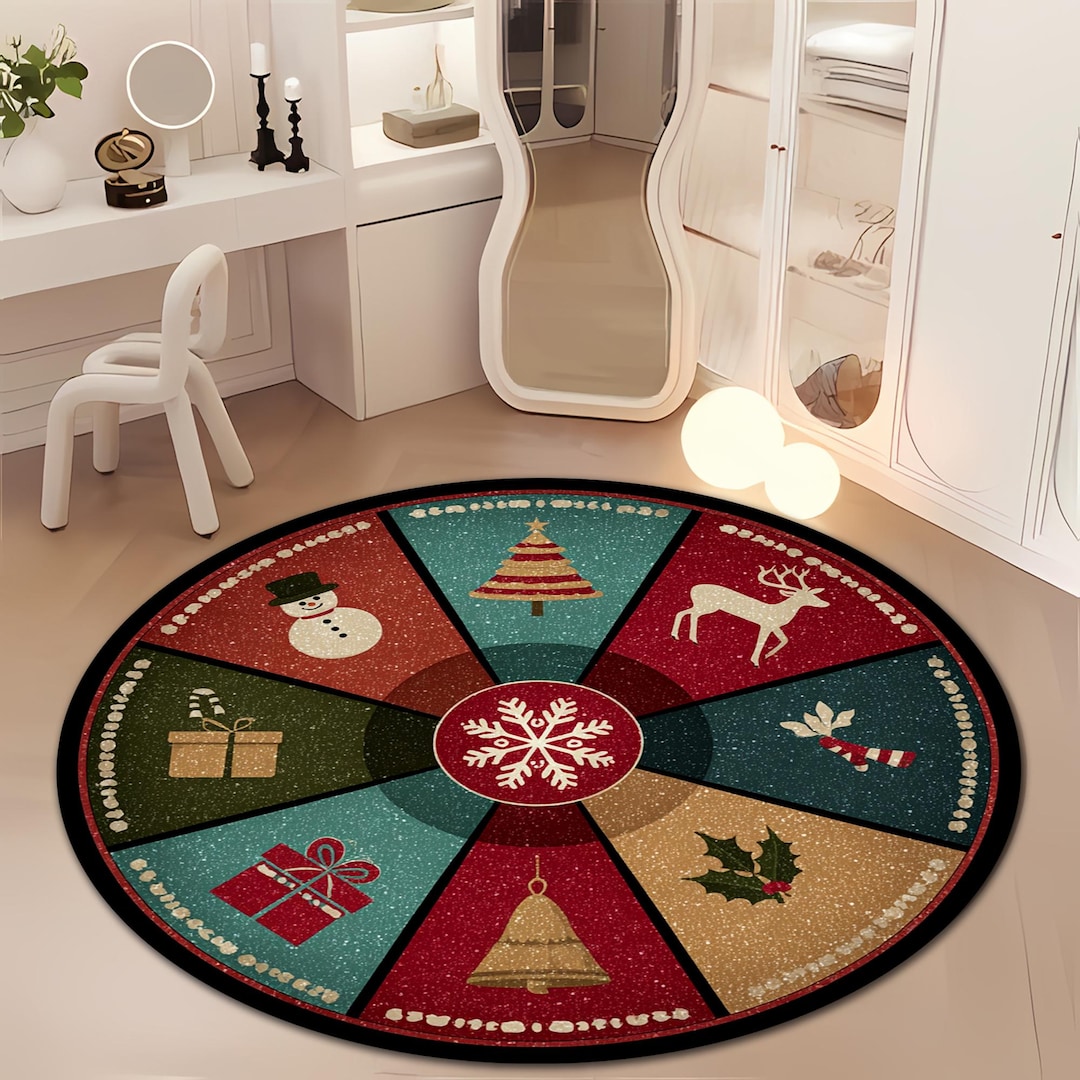 Christmas Round Rug • Holiday Symbols Carpet • Festive Winter Decor Mat ...