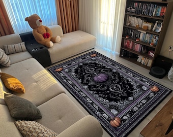 Alfombra gótica de calabaza, elegante y oscura, para Halloween, con un toque espeluznante en negro y morado, ideal para decorar el hogar con un toque gótico de bruja.