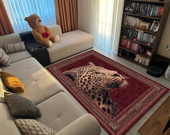 Leopard Rug  Bold Animal Print Carpet in Red and Beige, Exotic Safari Area Rug for Living Room, Jungle Inspired Home Decor
