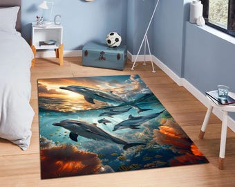 Ocean Dolphin Area Rug for Kids Room – Vibrant Underwater Sea Life Decor, Soft Anti-Slip Carpet for Bedroom, Nursery, or Playroom