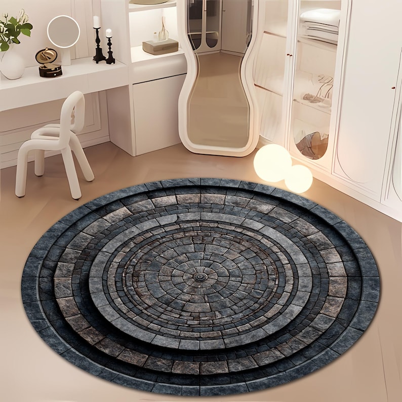 Texture Round Rug Complex Stone Texture Round Rug – 3D Illusion Floor Mat, Modern Geometric ...