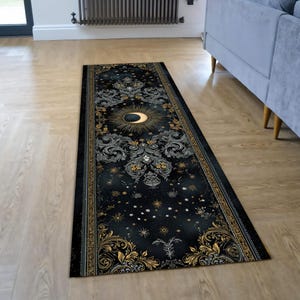 Niebiański dywanik z motywem księżyca i gwiazd, gotycki, astrologiczny, dekoracja korytarza, mistyczny, wiedźmowy, długi dywanik do przedpokoju lub sypialni zdjęcie 2