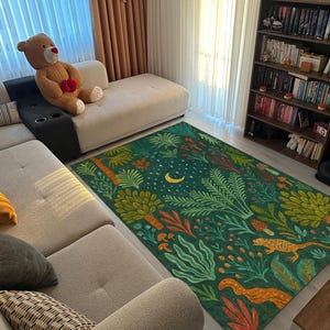 Tropical Jungle Rug with Moon and Stars, Green Botanical Area Carpet, Nature-Inspired Living Room Mat, Exotic Animal Print Home Decor