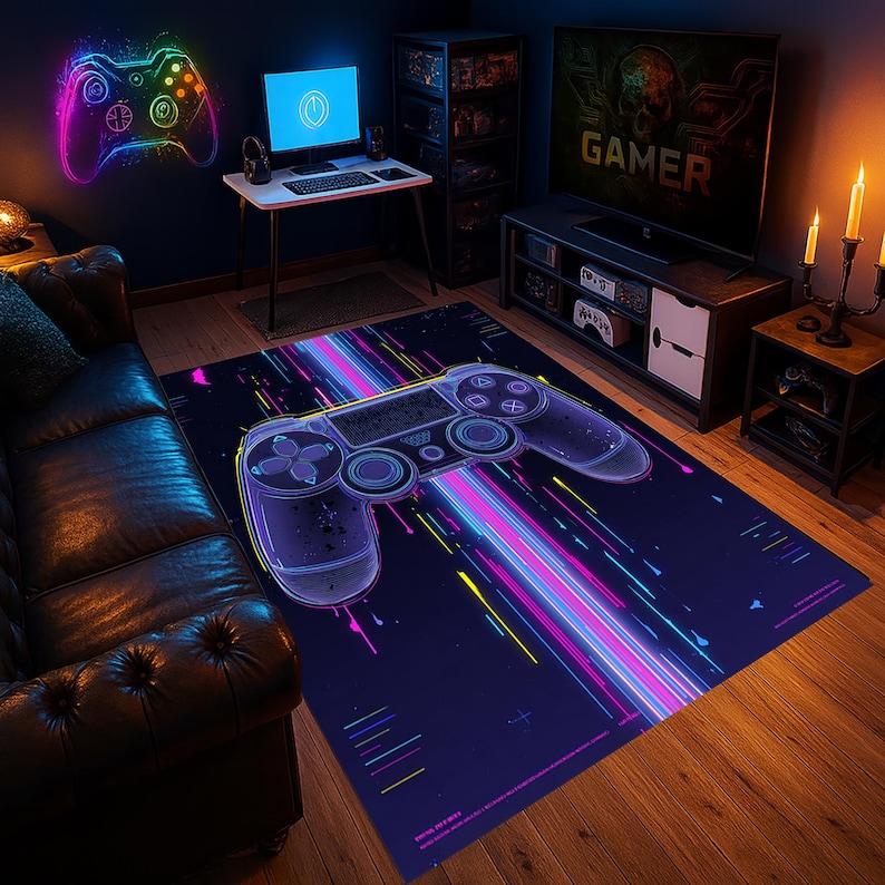 Neon Glow Gamer Room Rug – Large Futuristic Game Controller Area Mat ...