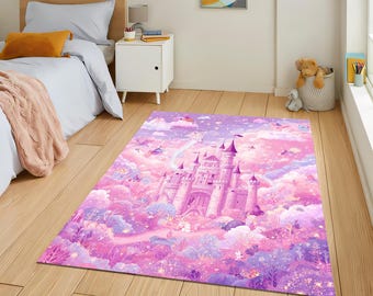 Tapis rose château pour enfants – tapis princesse de conte de fées pour chambre de fille, chambre d'enfant, salle de jeux, décoration de sol magique