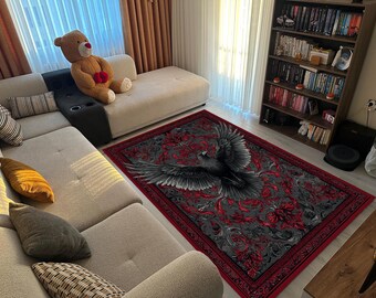 Alfombra gótica de cuervo, estilo bohemio oscuro para sala de estar, con estampado de cuervo rojo y negro, un toque gótico único para el dormitorio o el salón.
