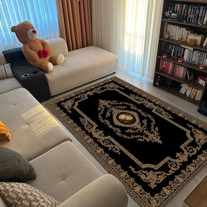 Black and Gold Baroque Area Rug with Rose Medallion | Elegant Classic Carpet for Living Room or Formal Space | Luxury Vintage Home Decor