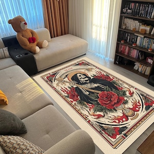 Death Tarot Card Rug – Gothic Skeleton and Rose Area Carpet for Occult Decor, Dark Romantic Living Rooms, or Alternative Spiritual Spaces