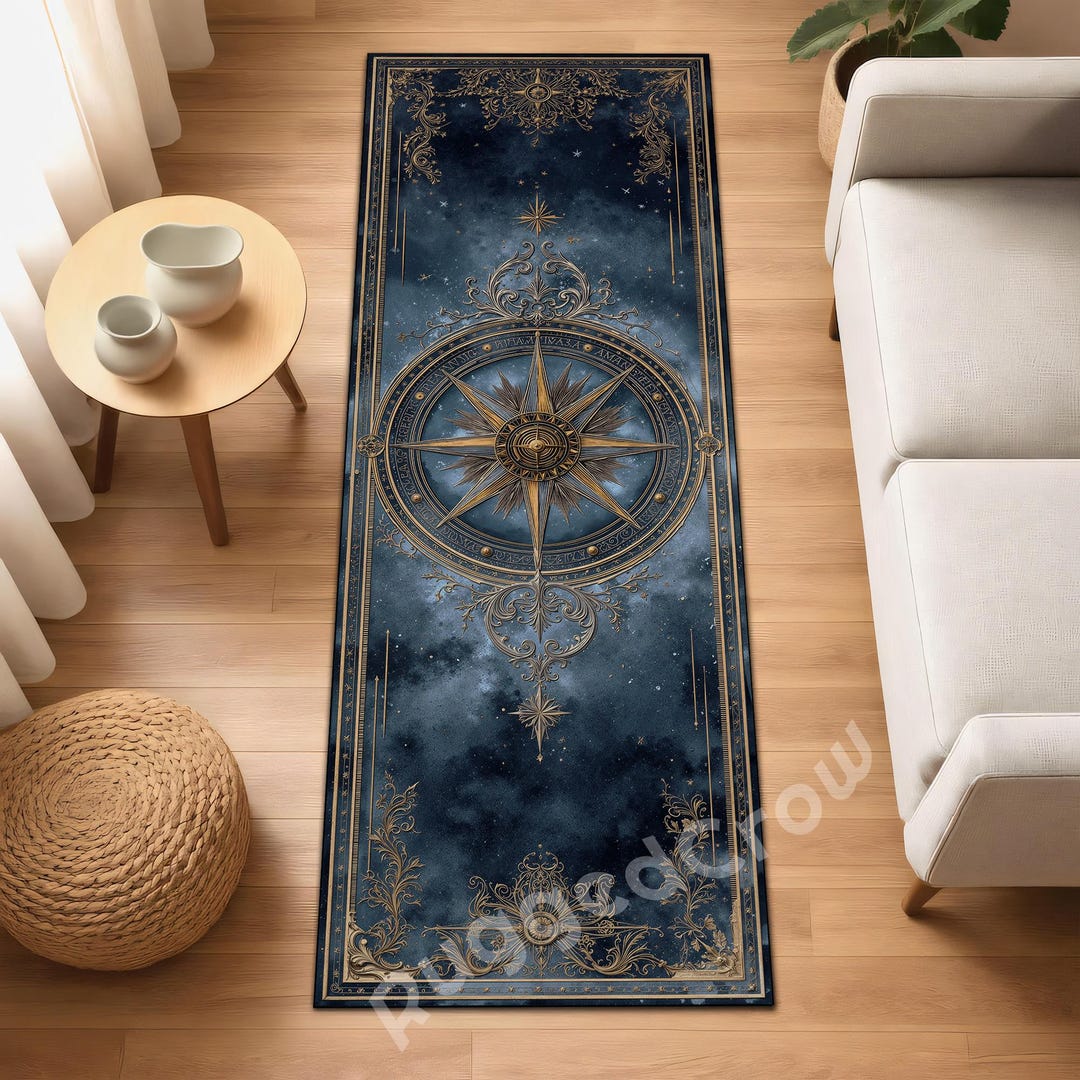Blue Compass Rug Vintage Compass Runner Rug | Blue Nautical Long Hallway Rug | Antique ...