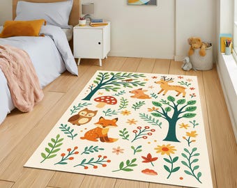May include: A cream-coloured rectangular rug with a forest-themed design. The rug features cartoon animals such as a fox, owl, and deer, alongside trees, flowers, and foliage. The rug is placed on a wooden floor in a bedroom setting.