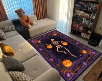 May include: A rectangular Halloween-themed rug with a dark purple background. The rug features a skeleton holding two glowing orange pumpkins, surrounded by spiderwebs and other pumpkins. The border is a mix of orange and purple.