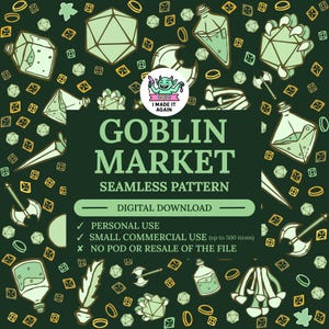 May include: Dark green seamless pattern featuring light green fantasy game elements like dice, potions, and weapons. The text "GOBLIN MARKET" is displayed, along with usage rights for personal and small commercial use.